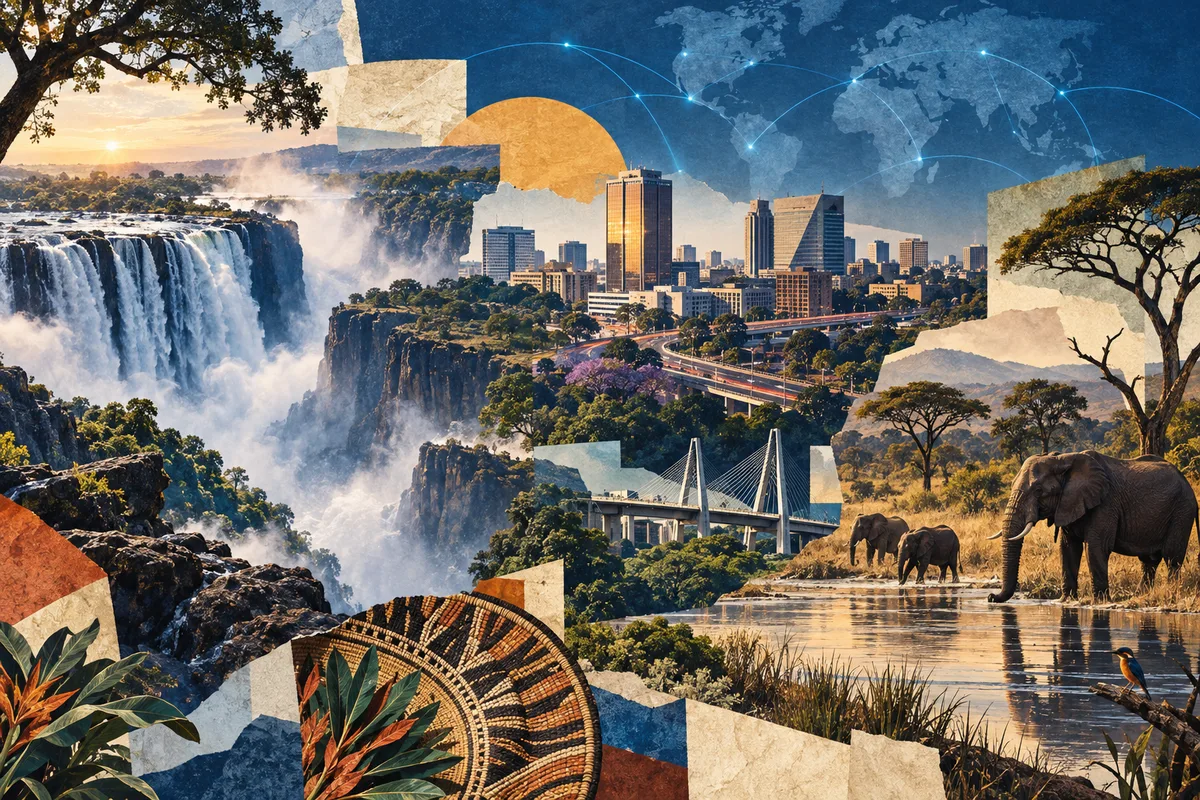 Illustrated collage of Zambia, inspired by Victoria Falls, Lusaka, South Luangwa National Park.
