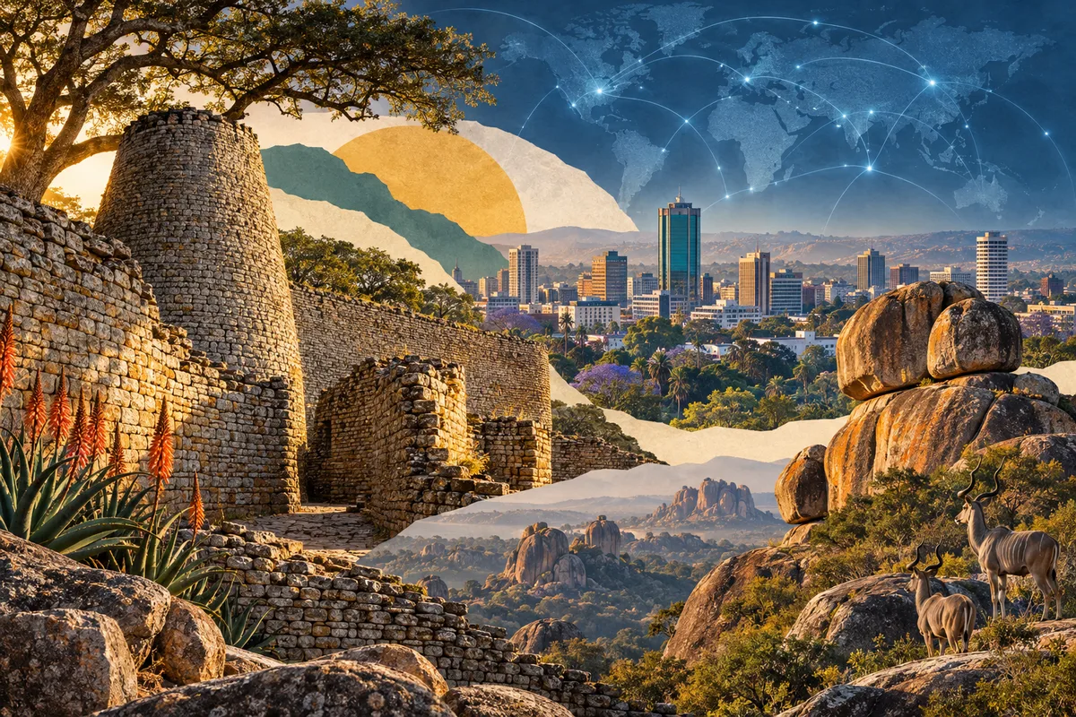 Illustrated collage of Zimbabwe, inspired by Great Zimbabwe, Harare, Matobo National Park.