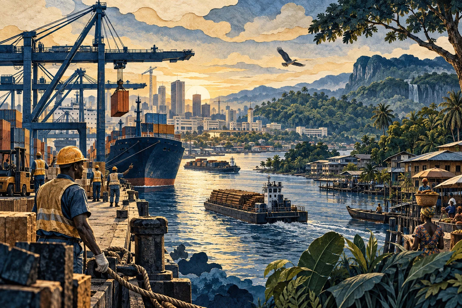 Illustration: Douala port cranes, forest landscape and river barges, trade and urban livelihoods