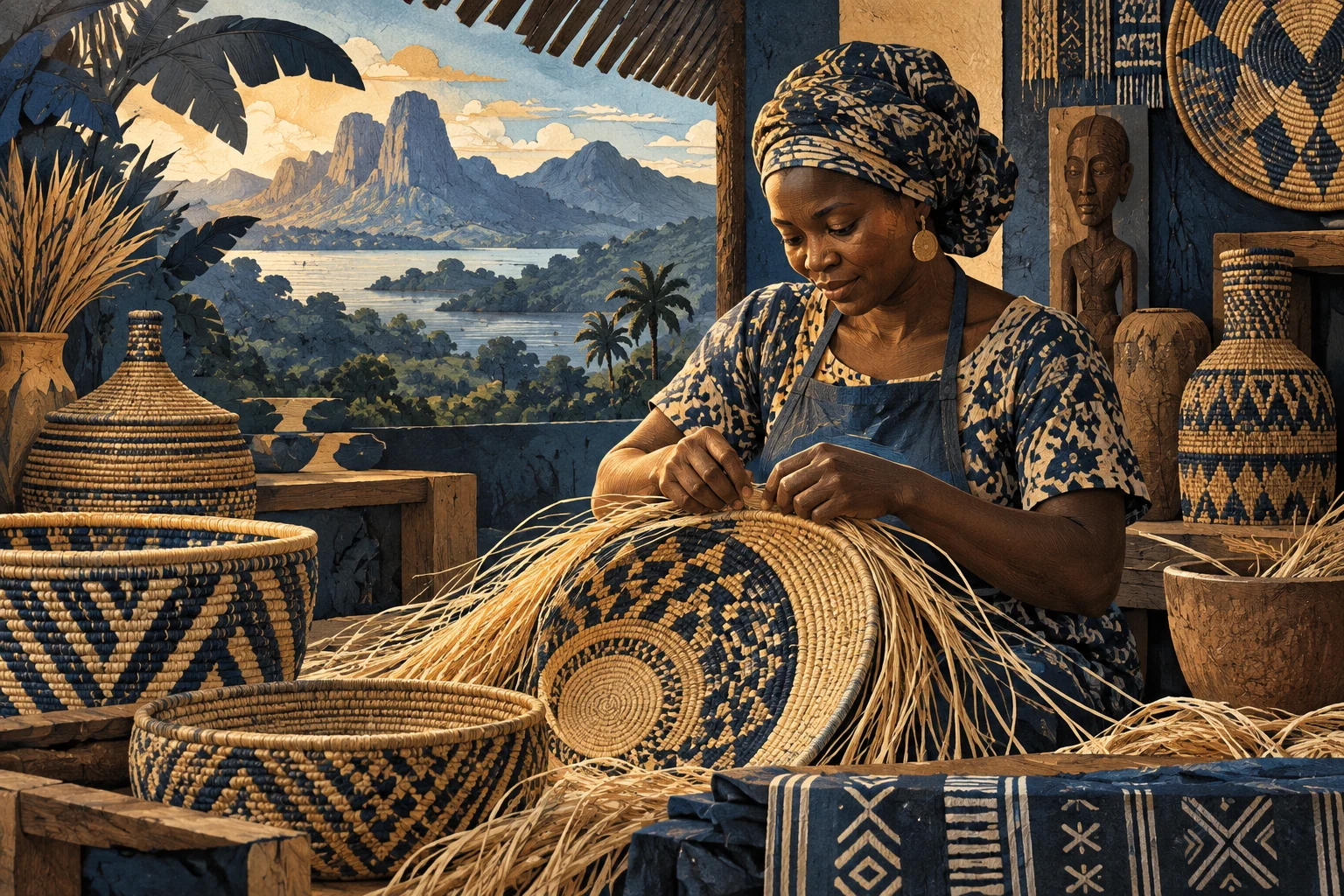 Illustration: Cameroonian artisan workshop, intricately woven raffia textiles and baskets, contemporary maker at work
