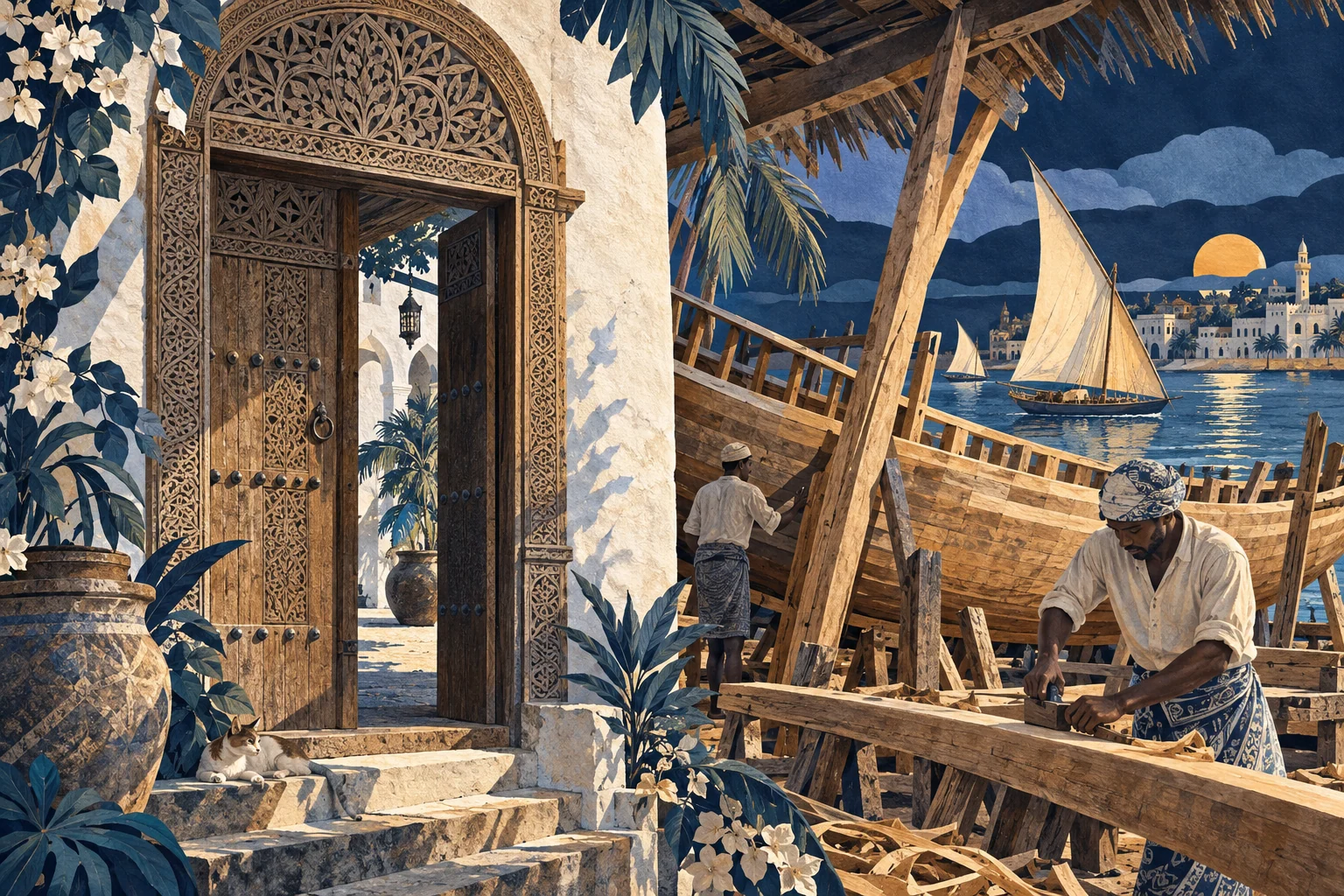 Illustration: Lamu Swahili carved wooden doorway and dhow-building craft, contemporary coastal workshop