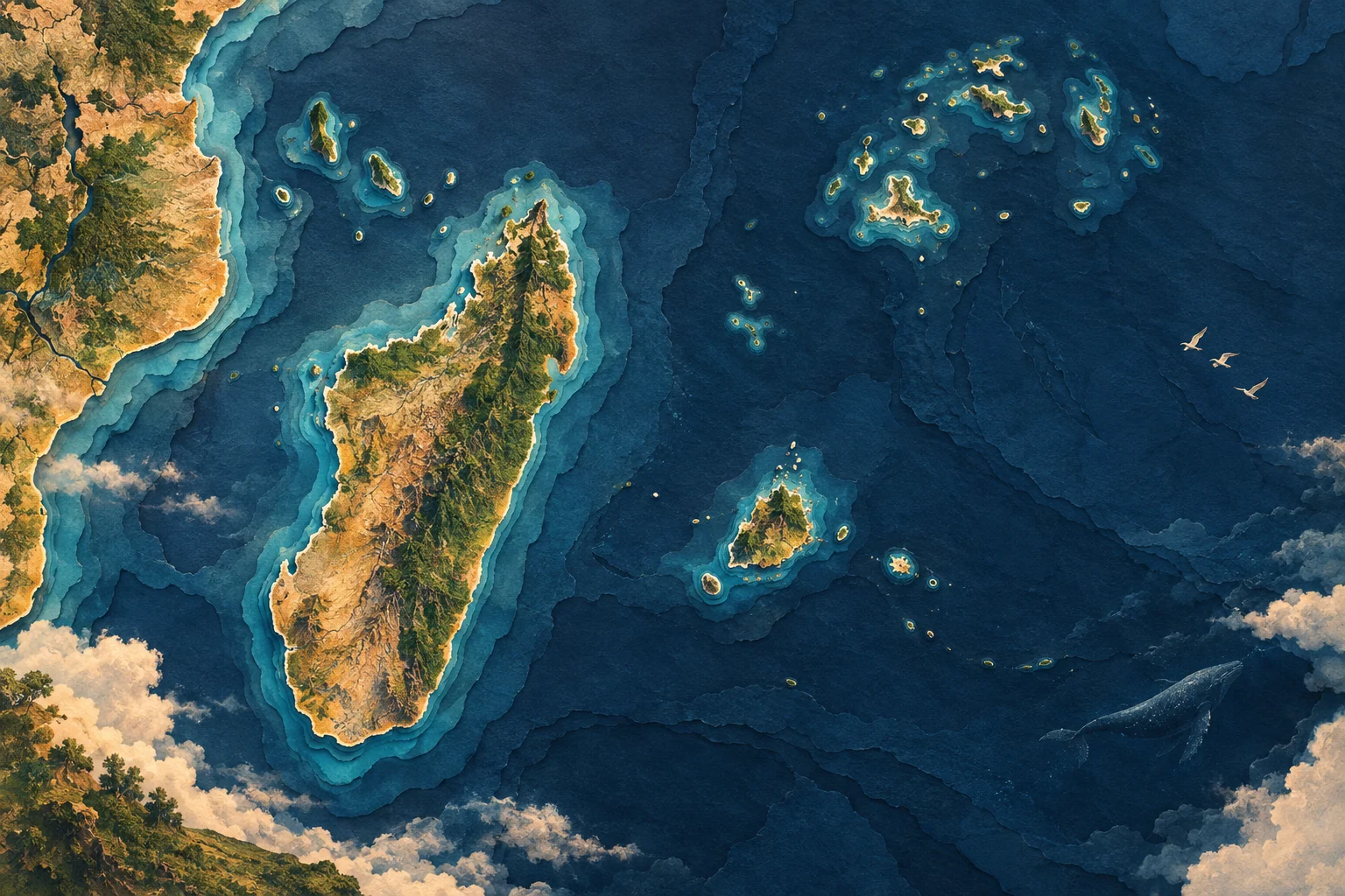 Illustration: southwest Indian Ocean, Madagascar largest island left, Comoros northwest, Seychelles northeast, Mauritius east; relative placement, no borders or labels
