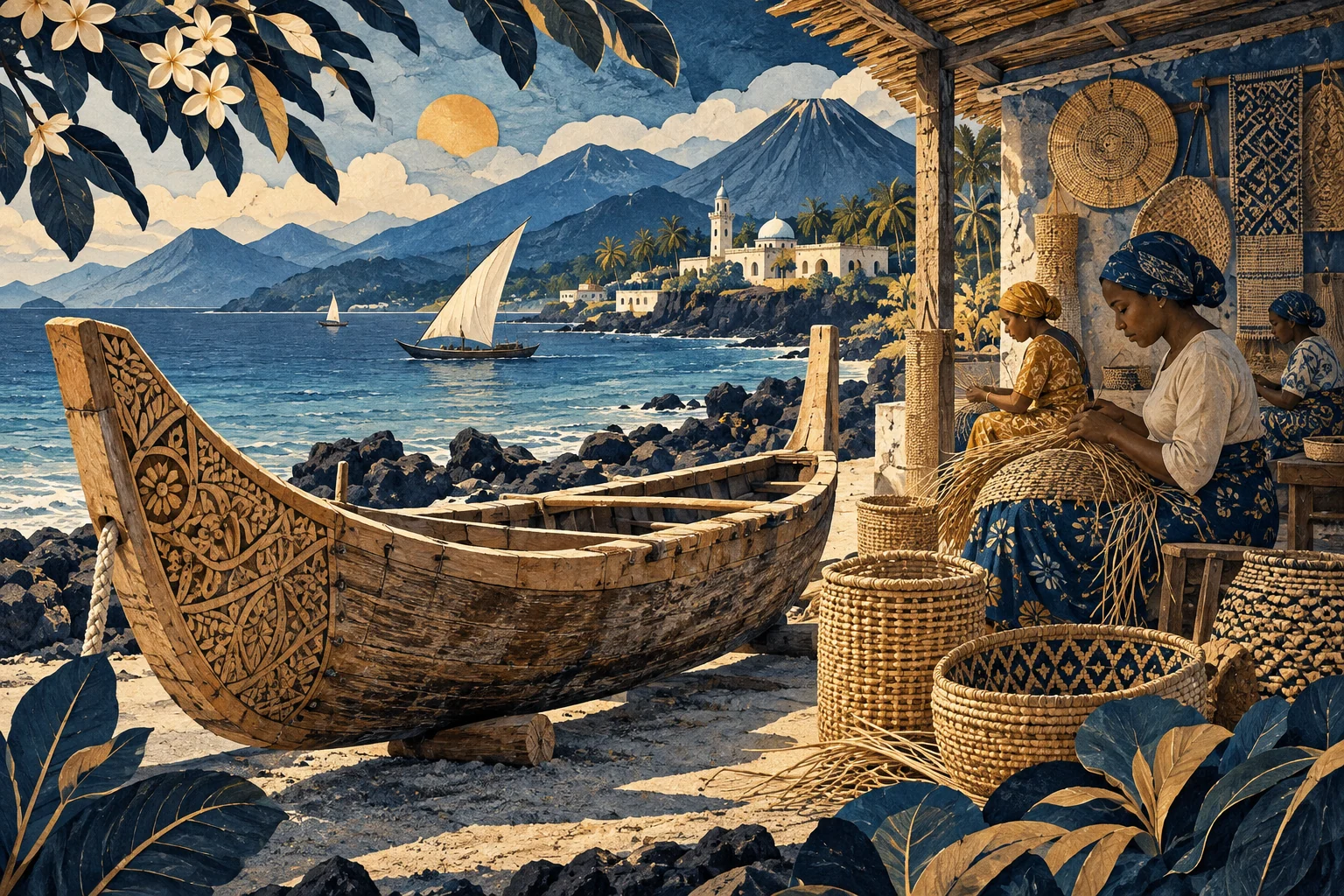 Illustration: Comorian carved wooden boat on shore beside woven baskets and a craft workshop, contemporary island livelihoods