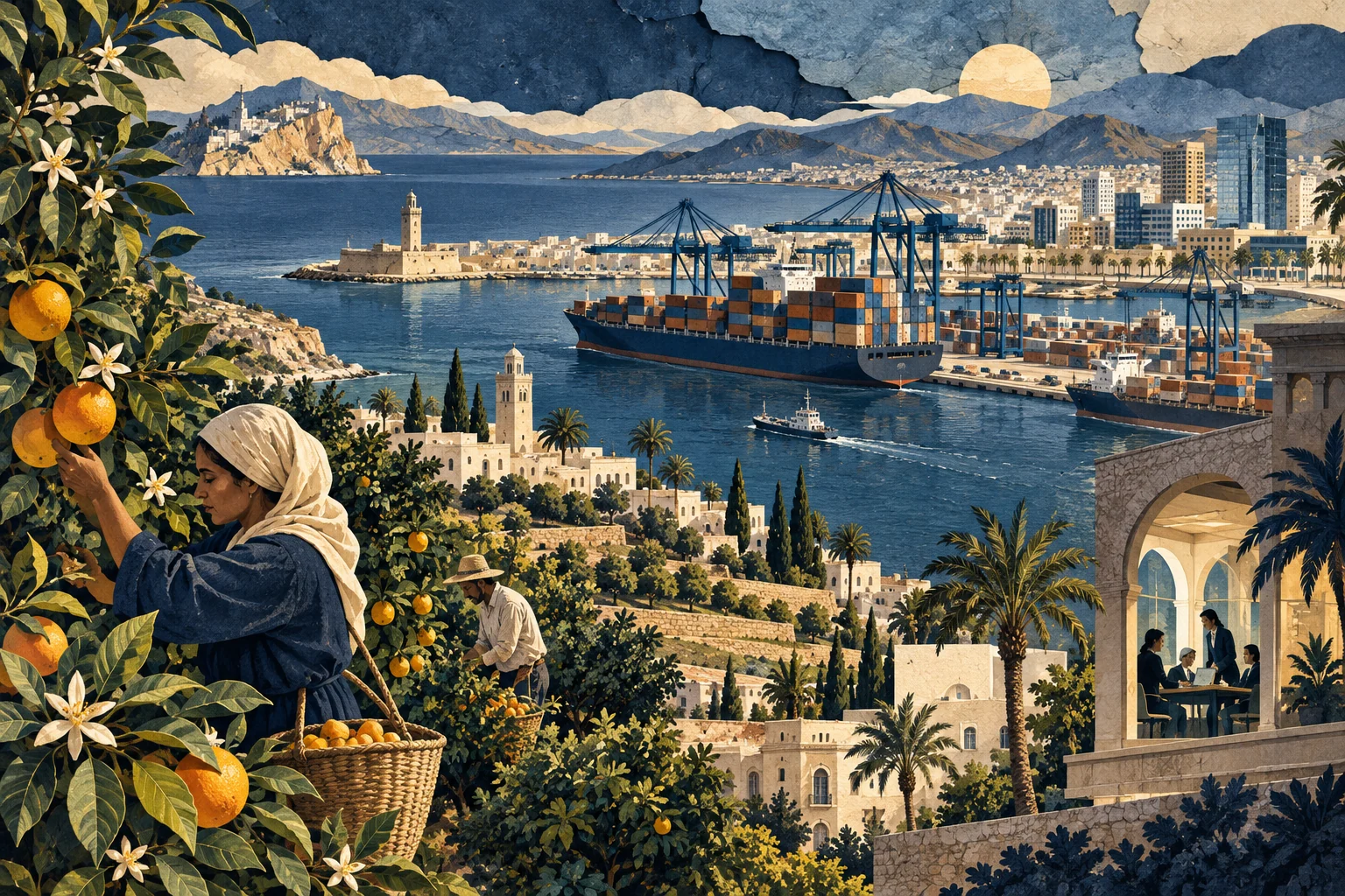 Illustration: Mediterranean container port, citrus orchards and urban offices: maritime trade and livelihoods