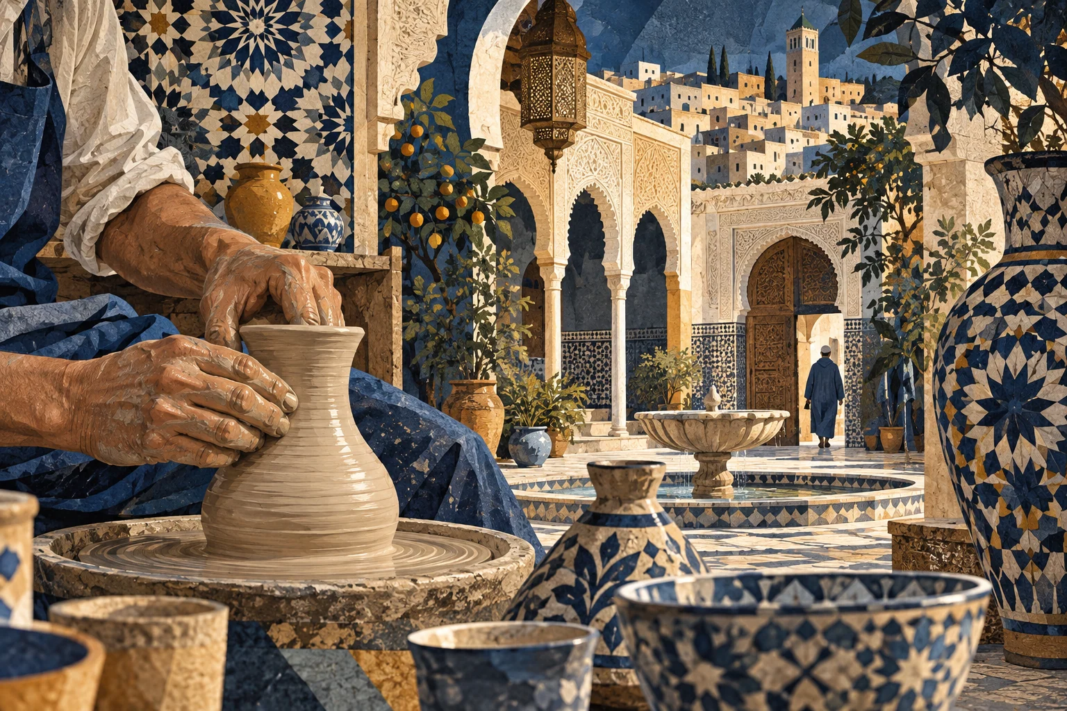 Illustration: Fez artisan courtyard, Morocco, zellige tilework and ceramic vessels, working hands at a pottery wheel