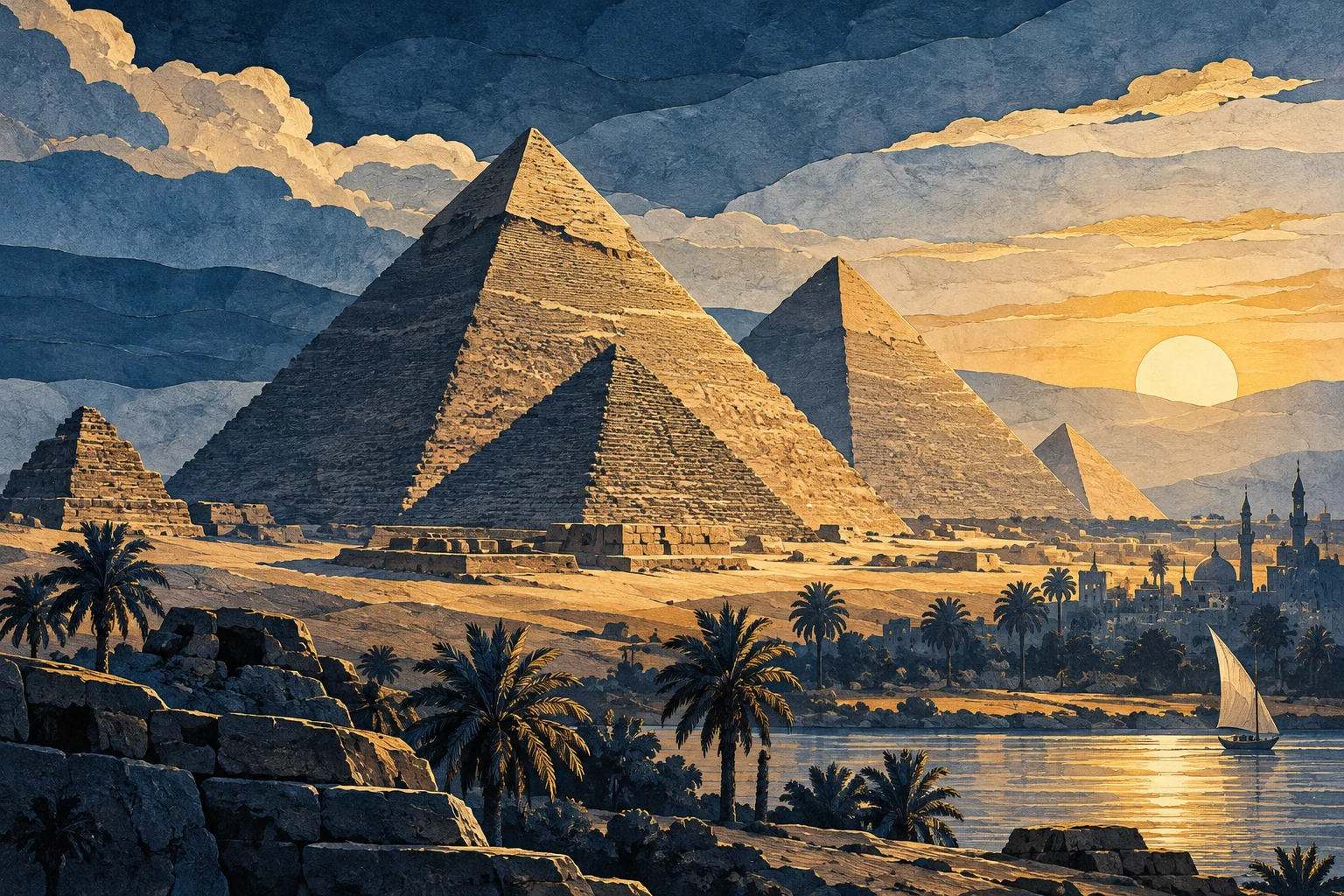 Illustration: Giza pyramids, Egypt, monumental limestone geometry at dawn