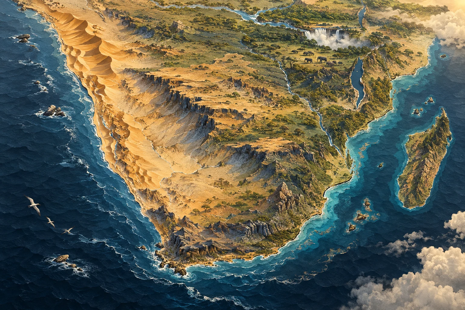 Illustration: southern Africa, Cape tapering south, Namib Atlantic coast west, interior plateau and Zambezi north