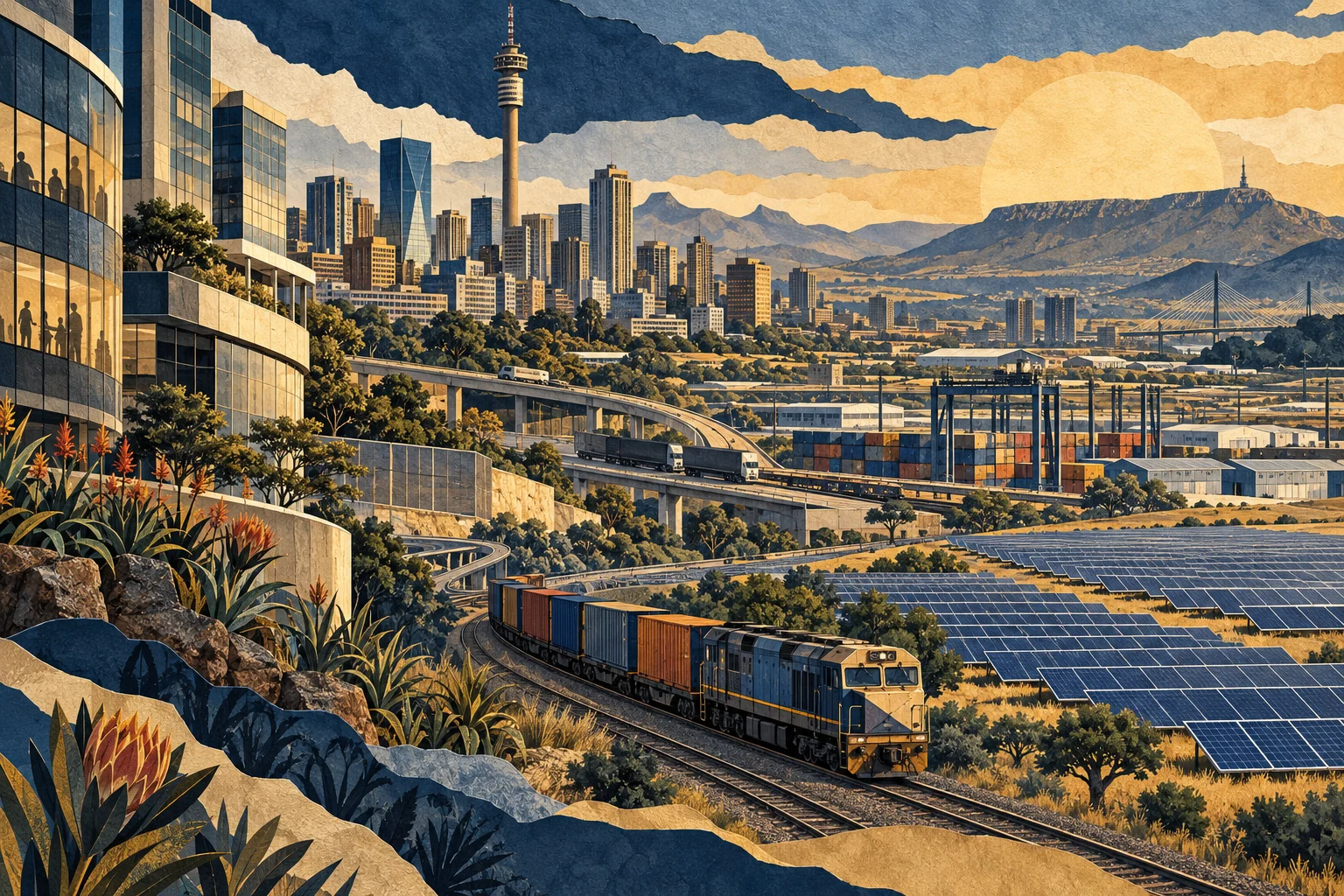 Illustration: Johannesburg offices, freight rail and solar fields, regional infrastructure and enterprise