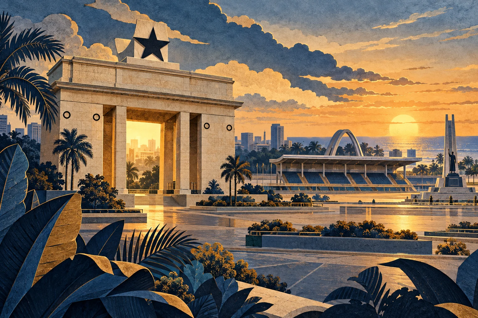 Illustration: Accra Independence Arch and Black Star Square, Ghana, architectural study at golden hour